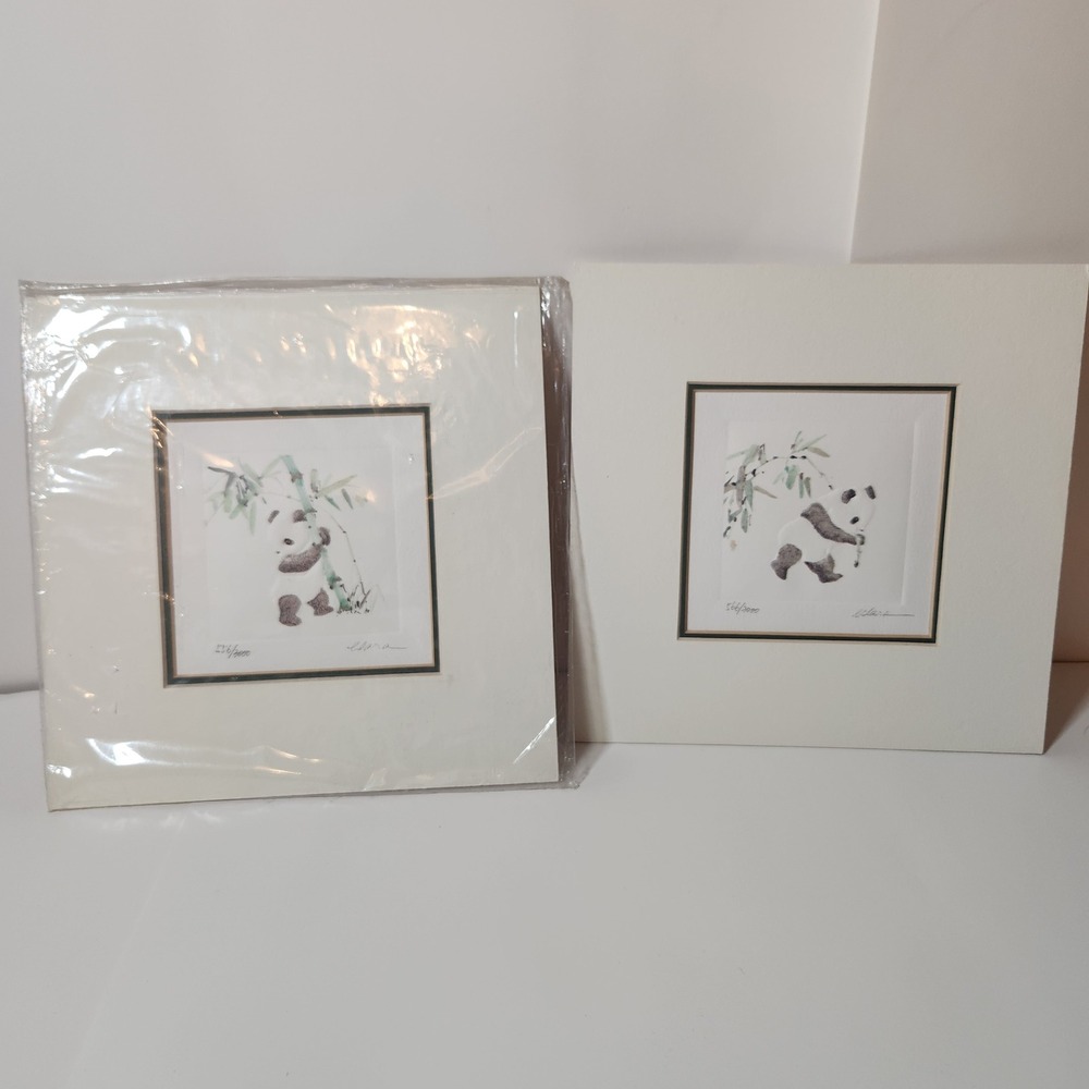 Hung Mei Yee Clara Signed Panda Watercolor Prints Limited Edition Set of 2 8x8